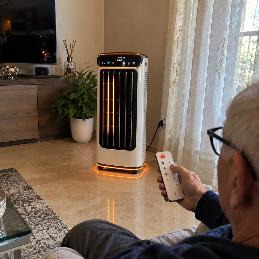 AEROCLIMA pornit seara în sufragerie, telecomanda în prim-plan