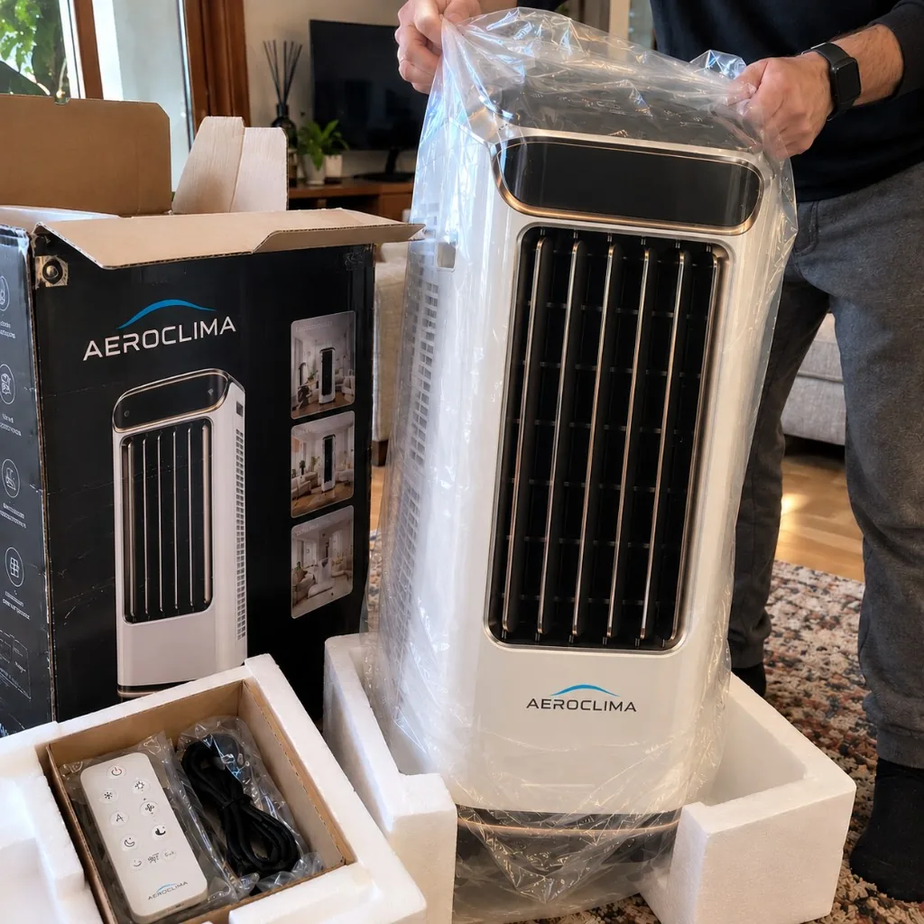 Despachetare AEROCLIMA: cutie, telecomandă și aparat abia deschis
